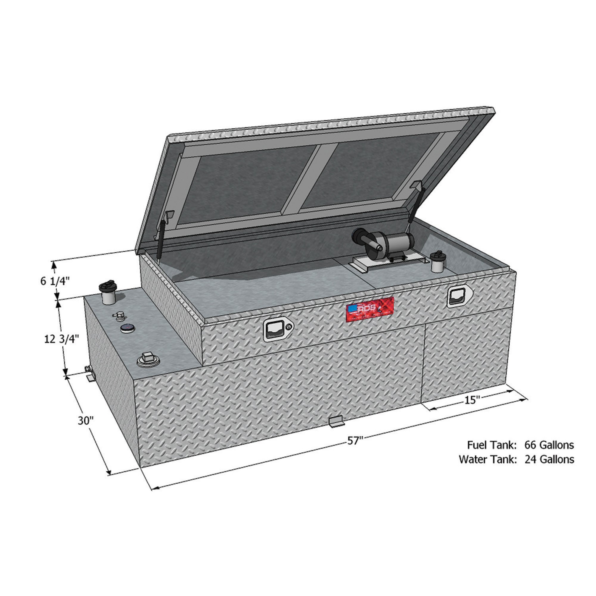 RDS Aluminum Transfer Water Plus Fuel Tank Toolbox Combo — 66-Gallon Fuel, 24-Gallon Water, Rectangular, Diamond Plate, Model# 73043